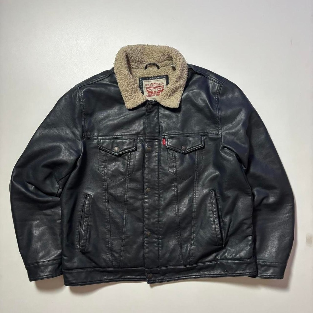 Navy Levi's Sherpa Lined Faux Leather Trucker Jacket - XL